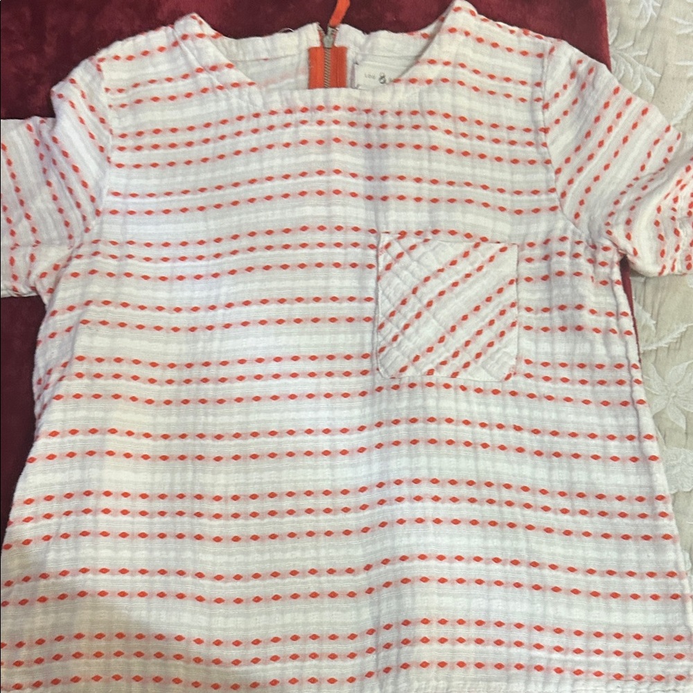 Textured White Top with Coral Stripes and Pocket
